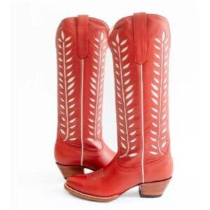 Womens Leather Embroidered Leaf Western Cowgirl Boots Knee High Red Size 9.5 NEW